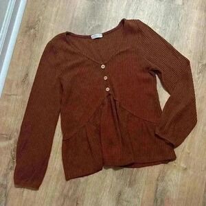 PAPER CRANE | Woman's Waffle Knit Red Ribbed Flowy Long Sleeve Blouse, Size XS